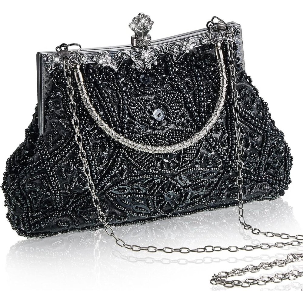 ⚡ Women's Black Rhinestones Vintage Beaded Satin Lining Evening Clutch Bag